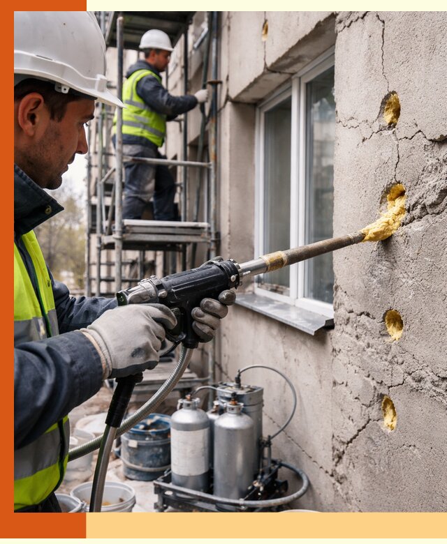 Заполнение пустот в фасаде и утепление стен в Солнечногорске