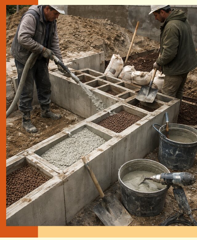 Заполнение полостей фундамента в Солнечногорске герметичным утеплением и повышением прочности